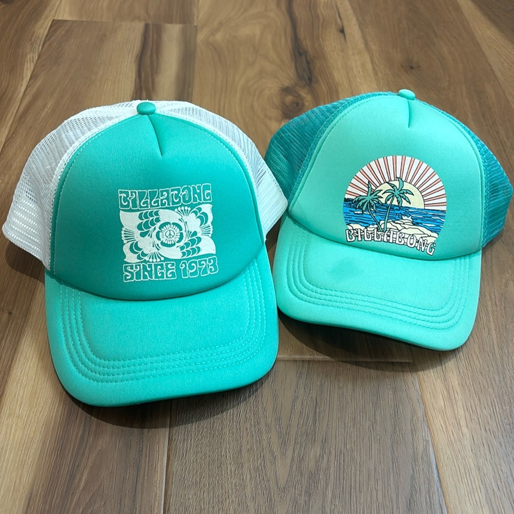 two teal/turquoise billabong trucker hats